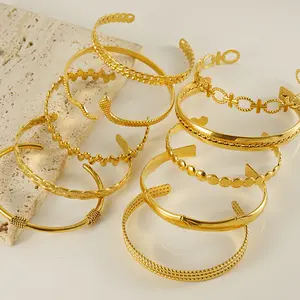 Vintage Style Adjustable Stainless Steel Cuff Bracelet Waterproof Jewelry 18k Gold Plated Bracelet Sets