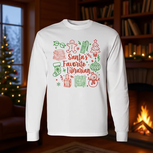 Camiseta navideña de manga larga con diseño de bibliotecario favorito de Papá Noel, regalo navideño con diseño de libro de lectura - Product Image 3