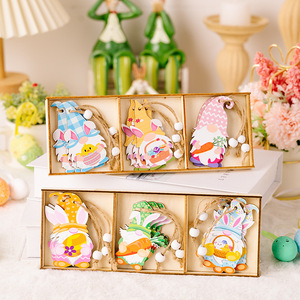 Juego de decoración de madera de Pascua Conejo de Pascua Rábano Enano Colgante Decoración del hogar Suministros para fiestas navideñas - Product Image 3