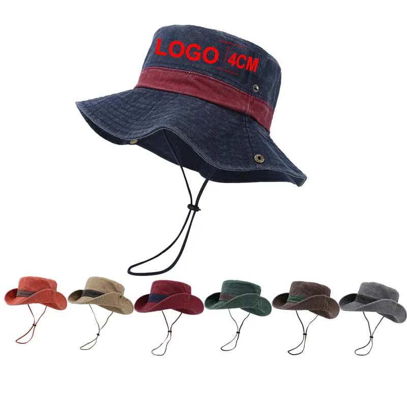 Customized Logo Print Big Eaves Washed Old Retro Jungle Sports Mountaineering Fishing Hat Big Head Size Sun Men Bucket Hat