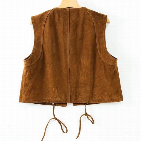 0015 Women's Retro Suede Sheepskin Loose Sleeveless Streetwear Vest Spliced Streetwear Waistcoat Round Neck Suede Sheepskin Vest