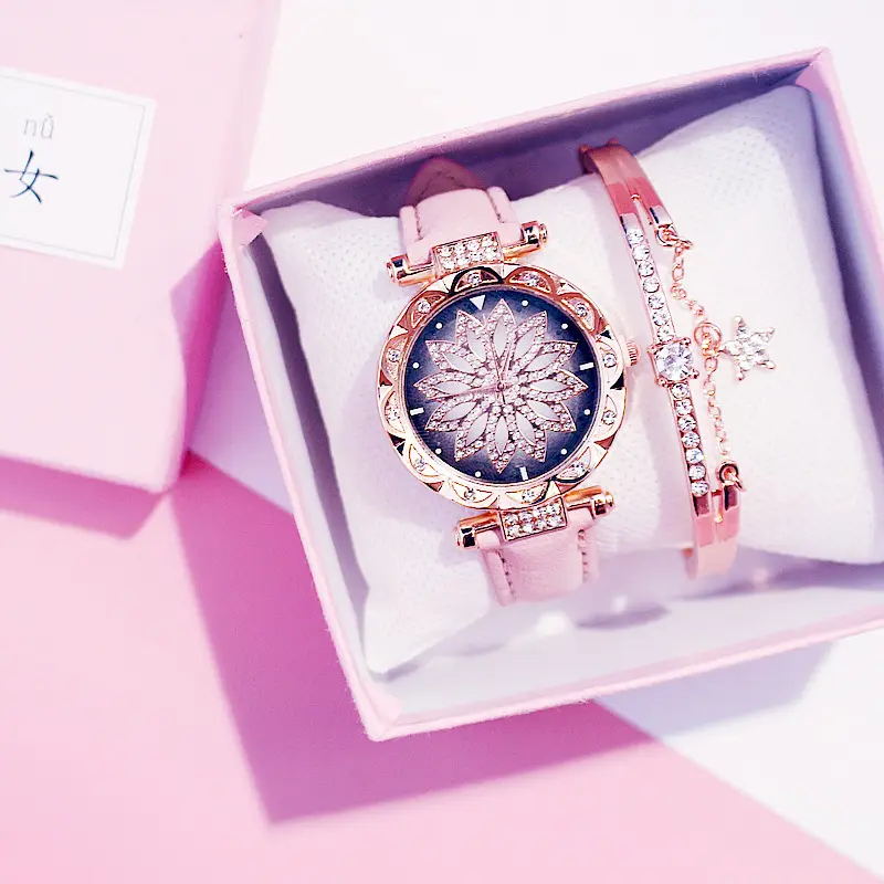 Watch Set Women Diamond Watch Starry Luxury Bracelet Watches Ladies Casual Leather Band Quartz Female