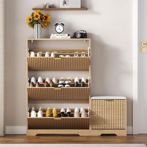 <span class=keywords><strong>Meuble</strong></span> <span class=keywords><strong>à</strong></span> chaussures moderne en bois cannelé avec 4 <span class=keywords><strong>tiroirs</strong></span> rabattables, banc autoportant étroit et fin, imperméable, écologique, rangement dissimulé pour chaussures - Product Image 2