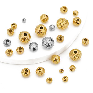 Perles texturées en acier inoxydable, or et argent, martelées, percées, rondes, pour la fabrication de bijoux DIY, vente en gros, couleur 18k, résistantes à la décoloration - Product Image 1