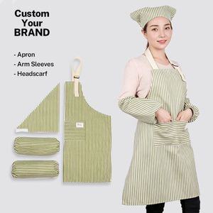 Custom Logo 3 Piece <b>Apron</b> Set Breathable Cotton Linen <b>Kitchen</b> <b>Apron</b> with Sleeves Headscarf for Coffee Shop - Product Image 1
