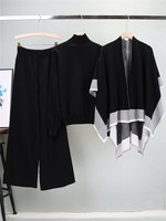 Ensemble trois pièces pour femmes, châle en tricot respirant uni, manteau décontracté, pull d'automne, pantalon ample à jambes larges, polyester/coton