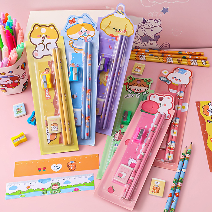 School Student Prize Briefpapier 5 In 1 Liniaal Gum Potlood Blister Set