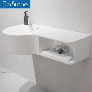 Solid surface artificial stone wall hung wash basin with storage