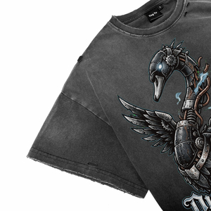 Oversized Vintage Acid Wash Distress Cotton Breath T-Shirts for <b>Men</b> Custom High Quality Punk Swan DTG Print O-Neck Casual Tees - Product Image 3