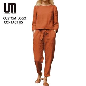 Grosir OEM Setelan Wanita 2 Potong Katun Poliester Lengan Panjang Kaos Longgar Celana Kaki Lebar High Waist Tali Serut - Product Image 1
