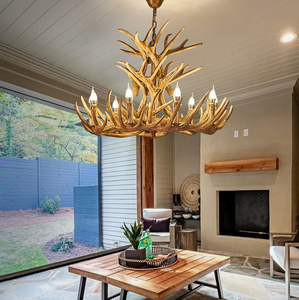 Lustre en résine en forme de cerf à bois de cerf, style campagne européenne, grand modèle, pour salon et loft, luminaire suspendu vintage - Product Image 6