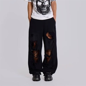 Oem Super Oversized Colossus Fit Raw Edge Ripped Pants Distressed Black Joggers 100% Cotton Heavy Weight Vintage Wash Pantalones de chándal - Product Image 1