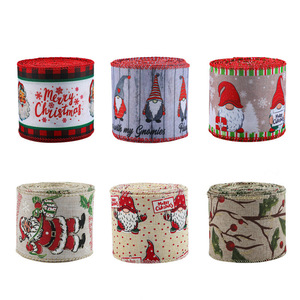 LINGKAI Vintage Santa Claus Gnome Dwarf Printed Eco-Friendly Merry Christmas Satin <b>Wire</b> <b>Ribbon</b> Tree Bow DIY Craft Holiday Decor - Product Image 5
