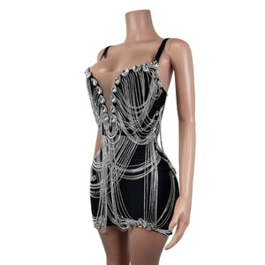 رقبة V عميقة أسود شرابة الرقص اللاتيني فساتين السهرة مثير حجر الراين حفلة عيد ميلاد فستان صغير النساء Bodycon حفلة حفلة موسيقية النادي اللباس - Product Image 2