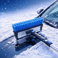Pelle à neige 3-en-1 avec tête de pelle large, grattoir à glace à long manche et brosse à eau pour le déneigement