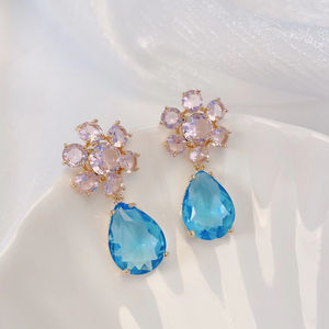 أقراط متدلية من الزركونيا المكعبة على الموضة ، أقراط متدلية بحجر الزركونيا المكعب الكبير الملون والزهور الجميلة ، مجوهرات حفلات للنساء ، أقراط الزفاف - Product Image 3