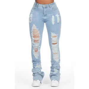 Light Wash Distressed Super Stacked Jean flare bottoms worn-out waxed acid wash raw hem skinny cut torch stack jeans for women