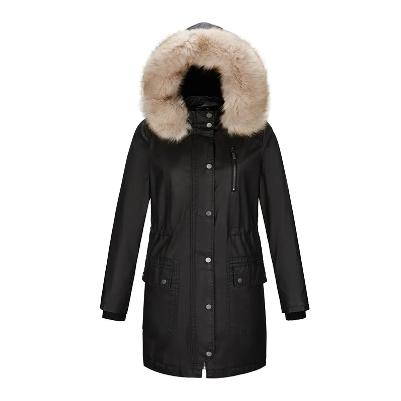 women winter windproof wholesale coated coat with detachable fur trim on hood long waxed waterproof padding parka