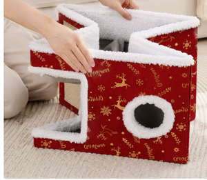 Cama Cueva Plegable para Gatos, Festiva y Navideña, Casa para Mascotas Cálida y Acogedora con Rascador, Nido para Gatos de Doble Capa para Interiores - Product Image 3