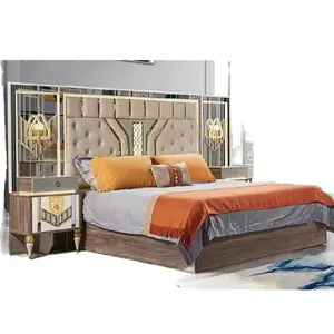 Wholesale full wooden storage bed set furniture complete Mirrored Headboard wood bedroom set