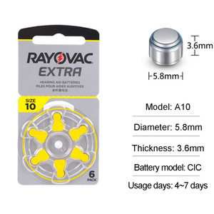 60 piles/boîte <span class=keywords><strong>Rayovac</strong></span> Extra 1,45 V, taille 10, piles zinc-air pour aides auditives - Product Image 2