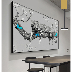 Peinture <span class=keywords><strong>sur</strong></span> toile d'animaux, lion noir et blanc, tigre, léopard couché <span class=keywords><strong>sur</strong></span> l'arbre, affiche murale - Product Image 3