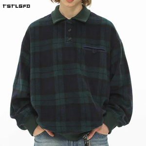 Sudadera con Capucha de Franela a Cuadros Azul Marino para Hombre, Corte Holgado, Hombros Caídos, Manga Larga, Cierre de Botones Retro, Estilo Urbano Informal - Product Image 1