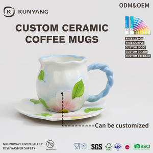 Juego <span class=keywords><strong>de</strong></span> Taza y Platillo <span class=keywords><strong>de</strong></span> Cerámica con Diseño <span class=keywords><strong>de</strong></span> Flores 3D, Borde Ondulado, Asa Retorcida, Taza <span class=keywords><strong>de</strong></span> Cerámica Grande para Té/Café, para el Hogar y Regalos - Product Image 4