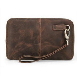 Brown Leather Clutch <b>Bag</b> with Zip Closure and <b>Wrist</b> Strap Casual Design Fazmax Corporation Model A13 - Product Image 1