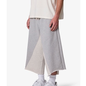 Shorts de survêtement pour hommes, coupe large, longueur courte, bicolore gris beige, à empiècements diagonaux, avec cordon de serrage et ourlet brut, personnalisable OEM - Product Image 2