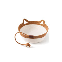 Panier-lit multifonctionnel pour chat en corde de coton tressée à la main avec balles jouets et poignées en forme d'oreilles de chat pour chats d'intérieur
