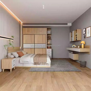 Ensembles de meubles de chambre pour appartement studio : Cadre de lit abordable en bois clair avec tête de lit, tables de chevet, armoire et bureau flottant - Product Image 5