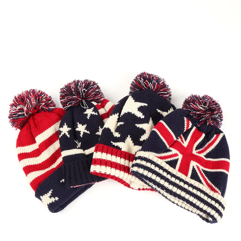 قبعة أوروبية وأمريكية مُحاكة بعلم على شكل نجوم من الأرز لفصلي الخريف والشتاء للرجال والنساء قبعات مُدفئة