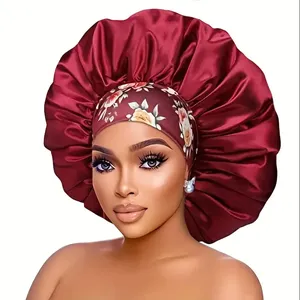 Topi tidur ukuran besar dicetak lebar Band Afrika bonnet Satin elastis untuk wanita