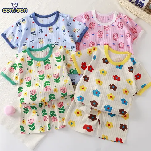 Conyson Kids Boys Girls Summer Clothing Sets Children Cute Cartoon Print Short Sleeve T-Shirt Tops Shorts Toddler Baby Pajamas