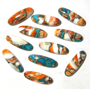 Cabochon de pierre précieuse naturelle en huître barbelée, cuivre, turquoise opalescent, poli, de haute qualité, forme ovale longue, dos plat, pour la fabrication de bijoux - Product Image 1
