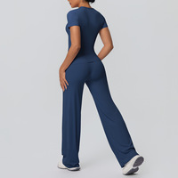 Combinaison de yoga TongJoes à manches courtes et jambes larges, respirante, en spandex/nylon brossé double face, pour l'entraînement, la course à pied et le fitness
