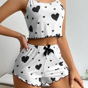 Wholesale Womens 2PCS Heart Print <b>Pajama</b> Set Sleeveless <b>Crop</b> Top and Shorts Soft Comfy Sleepwear Loungewear for Summer Nightwear - Product Image 1
