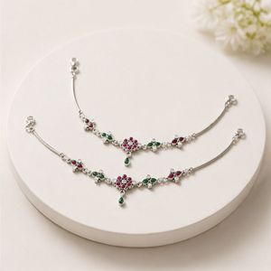 925 Silver Floral Anklet Pair Traditional <b>Oxidized</b> Payal with Red Green Stones Elegant Ethnic Foot Jewelry - Product Image 3