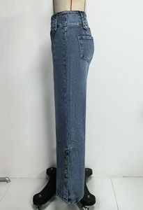 Jean évasé taille haute pour femme en denim bleu avec détails boutonnés sur le côté – Style décontracté et tendance - Product Image 6