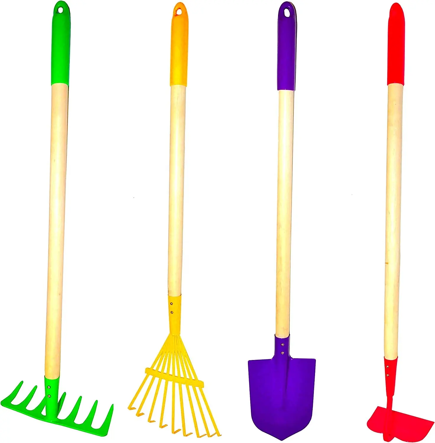 Kids Garden Tool Set Toy, Rake, Spade, Hoe and Leaf Rake made of sturdy steel heads and real wood handle