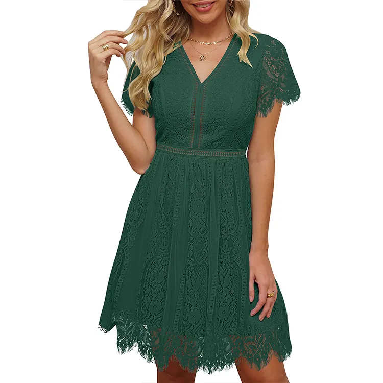 Women's V Neck Floral Lace Dresses Short Sleeve Cocktail Party Wedding Guest Dress