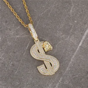 Iced Out Cuban Link Chain Skull $ Symbol Usd USA Dollar Pendant Necklace Hip Hop Men Women Jewelry