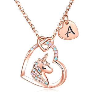 Collier pendentif en forme de cœur avec 26 lettres en zircon coloré et chaîne à maillons plaquée or, bijoux licorne pour enfants - Product Image 3