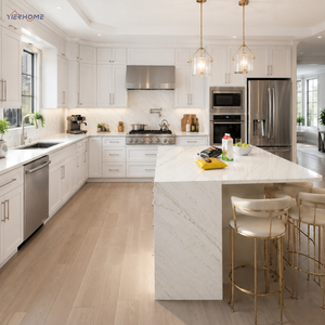 Gabinetes de Cocina de Madera Contrachapada Blanca Pura, Pintados con MDF, con Isla Central de Encimera de Jade Blanco de Lujo y Cierre Suave - Product Image 1