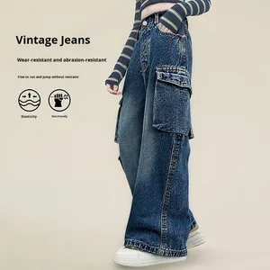 Salopette en jean <span class=keywords><strong>d</strong></span>élavé pour filles, taille élastique, coupe ample, style harem, multi-poches, pour enfants (tailles moyennes et grandes), nouvelle collection printemps-automne - Product Image 4