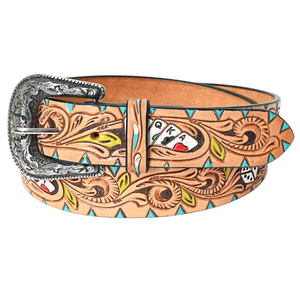 Cinturón de cuero turquesa personalizado unisex estilo occidental bordado floral con hebilla de aleación vintage fabricante indio - Product Image 5