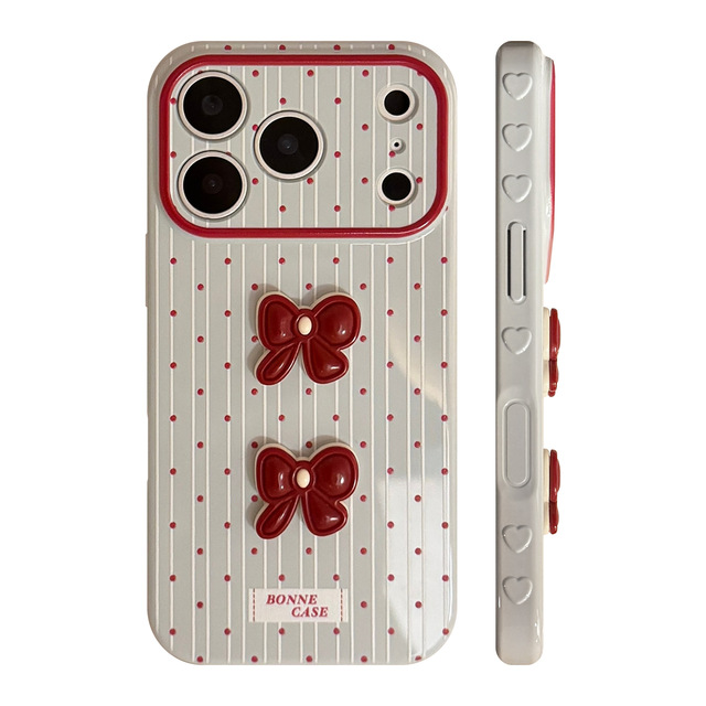 Bows Design Phone Case for Apple 17 Promax For iPhone 16 wine red dotted 13 three-dimensional 12 soft 15 Premium Design Skin