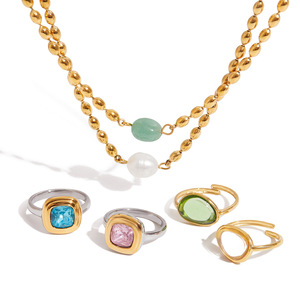 Collier élégant en acier titane avec anneaux en pierre naturelle, design géométrique à perles, ensemble de bijoux unisexe tendance - Product Image 5