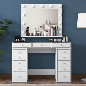 Tocador de Maquillaje Estilo Francés con Tapa de Cristal Grande y 13 Cajones, Tocador de Cristal Nórdico Económico con Espejo con Iluminación LED - Product Image 5